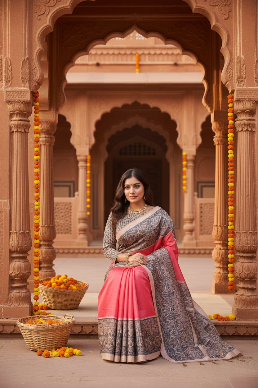 Women's Faux Tussar Ethnic Print Saree With Unstitched Blouse 5.5Mtr (Red)