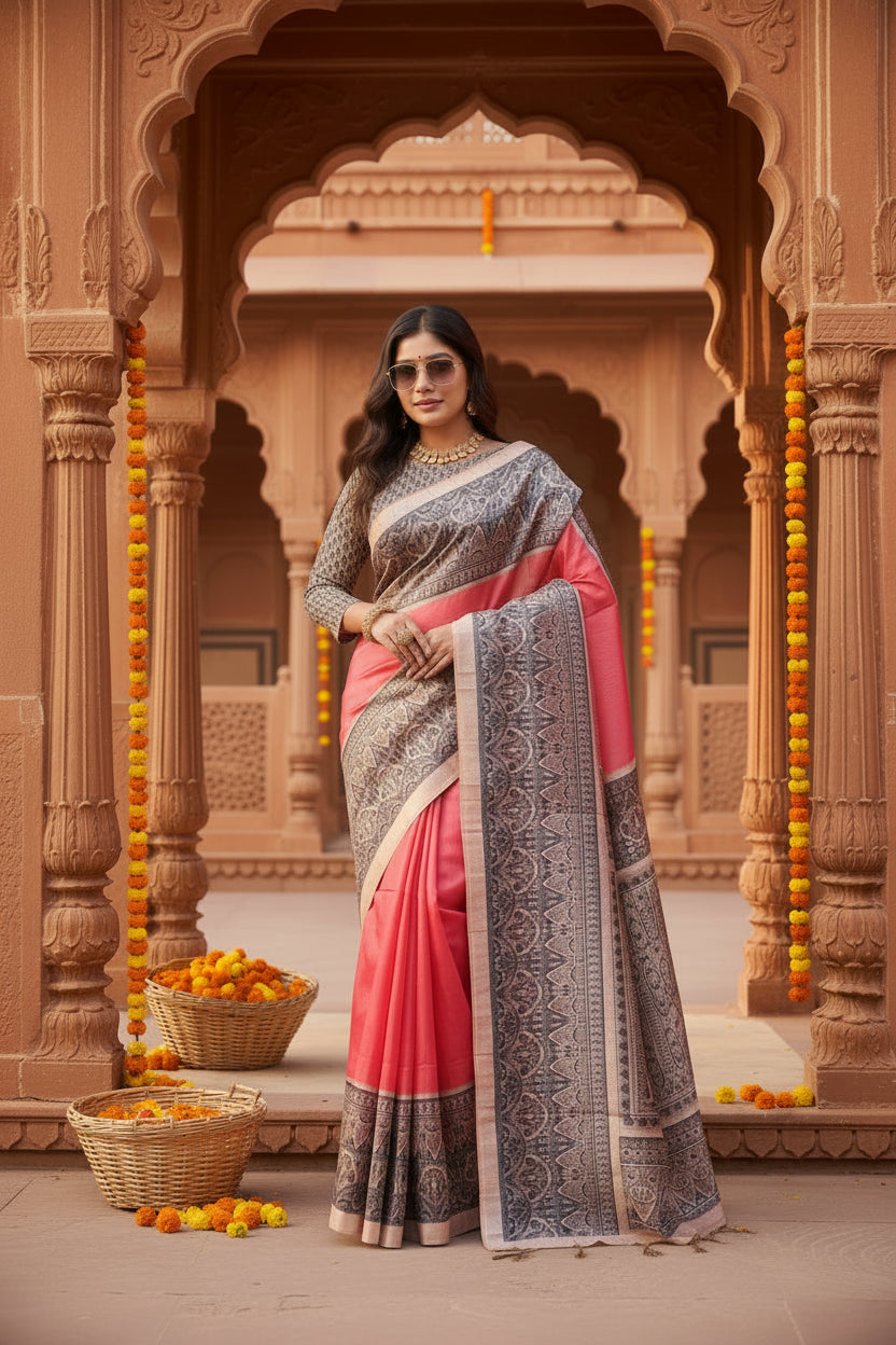 Women's Faux Tussar Ethnic Print Saree With Unstitched Blouse 5.5Mtr (Red)