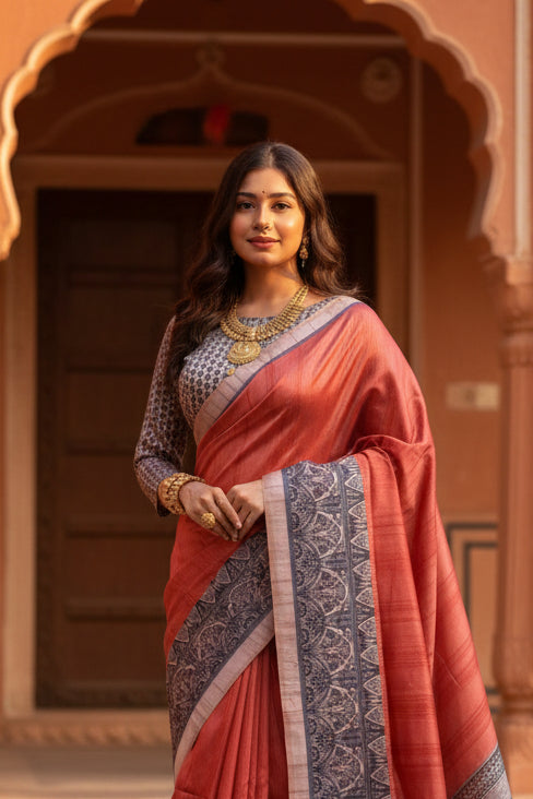 Women's Faux Tussar Ethnic Print Saree With Unstitched Blouse 5.5Mtr (Rust)