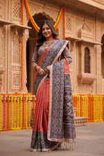 Load image into Gallery viewer, Women's Faux Tussar Ethnic Print Saree With Unstitched Blouse 5.5Mtr (Rust)
