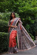 Load image into Gallery viewer, Women's Faux Tussar Ethnic Print Saree With Unstitched Blouse 5.5Mtr (Rust)
