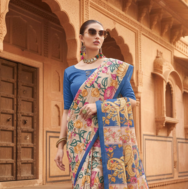 Women's Faux_Tussar Kalamkari_Print Saree With Unstitched Blouse 5.5Mtr (Blue)