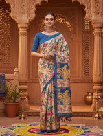 Load image into Gallery viewer, Women's Faux_Tussar Kalamkari_Print Saree With Unstitched Blouse 5.5Mtr (Blue)
