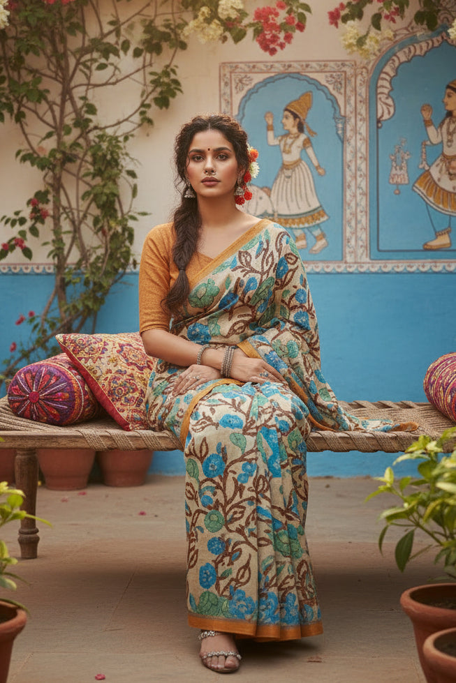 Women's Faux_Tussar Kalamkari_Print Saree With Unstitched Blouse 5.5Mtr (Brown)