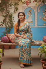 Load image into Gallery viewer, Women's Faux_Tussar Kalamkari_Print Saree With Unstitched Blouse 5.5Mtr (Brown)
