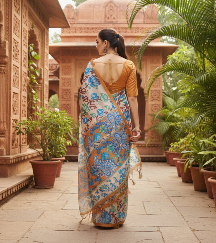 Women's Faux_Tussar Kalamkari_Print Saree With Unstitched Blouse 5.5Mtr (Brown)