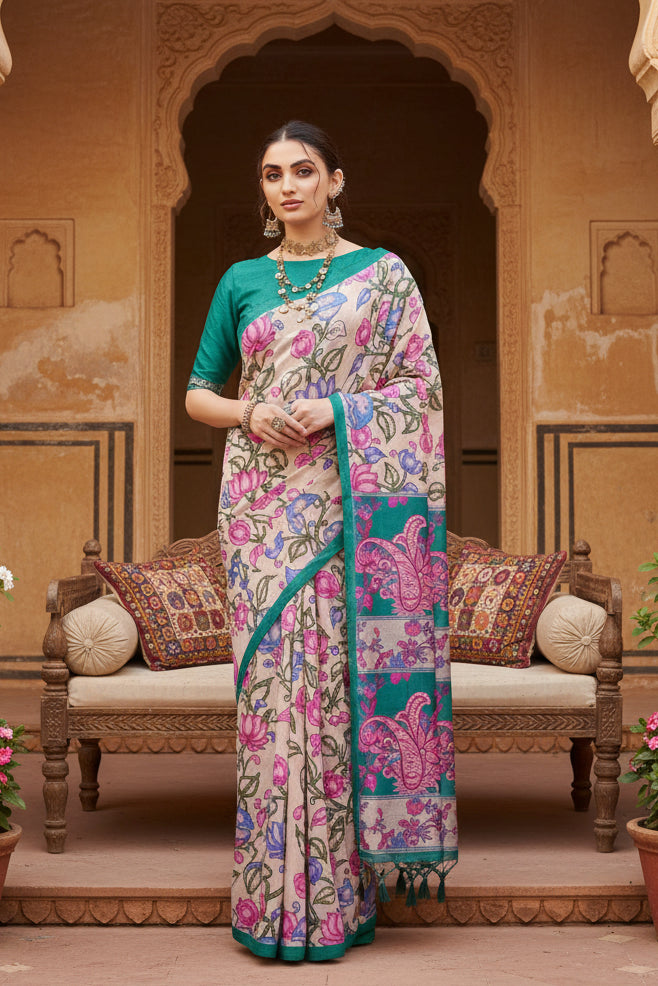 Women's Faux_Tussar Kalamkari_Print Saree With Unstitched Blouse 5.5Mtr (Green)