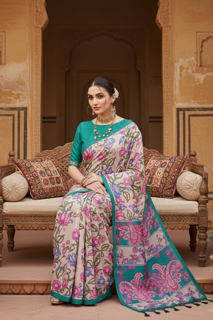 Women's Faux_Tussar Kalamkari_Print Saree With Unstitched Blouse 5.5Mtr (Green)