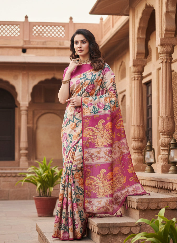 Women's Faux_Tussar Kalamkari_Print Saree With Unstitched Blouse 5.5Mtr (Pink)