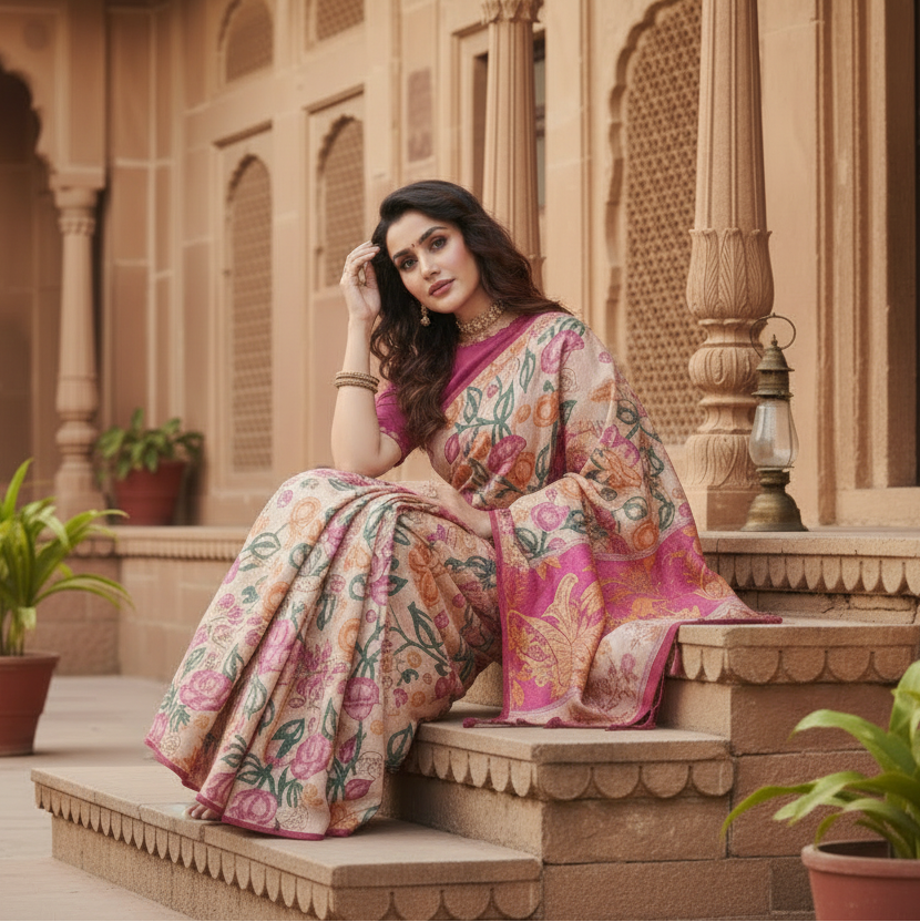 Women's Faux_Tussar Kalamkari_Print Saree With Unstitched Blouse 5.5Mtr (Pink)