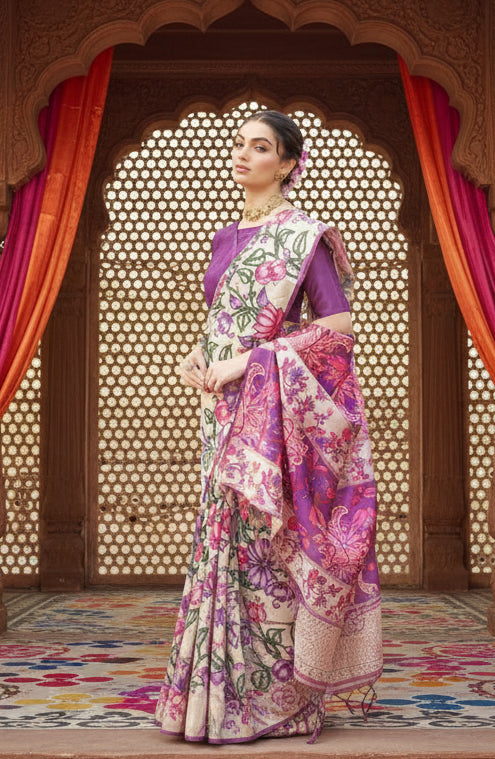 Women's Faux_Tussar Kalamkari_Print Saree With Unstitched Blouse 5.5Mtr (Purple)