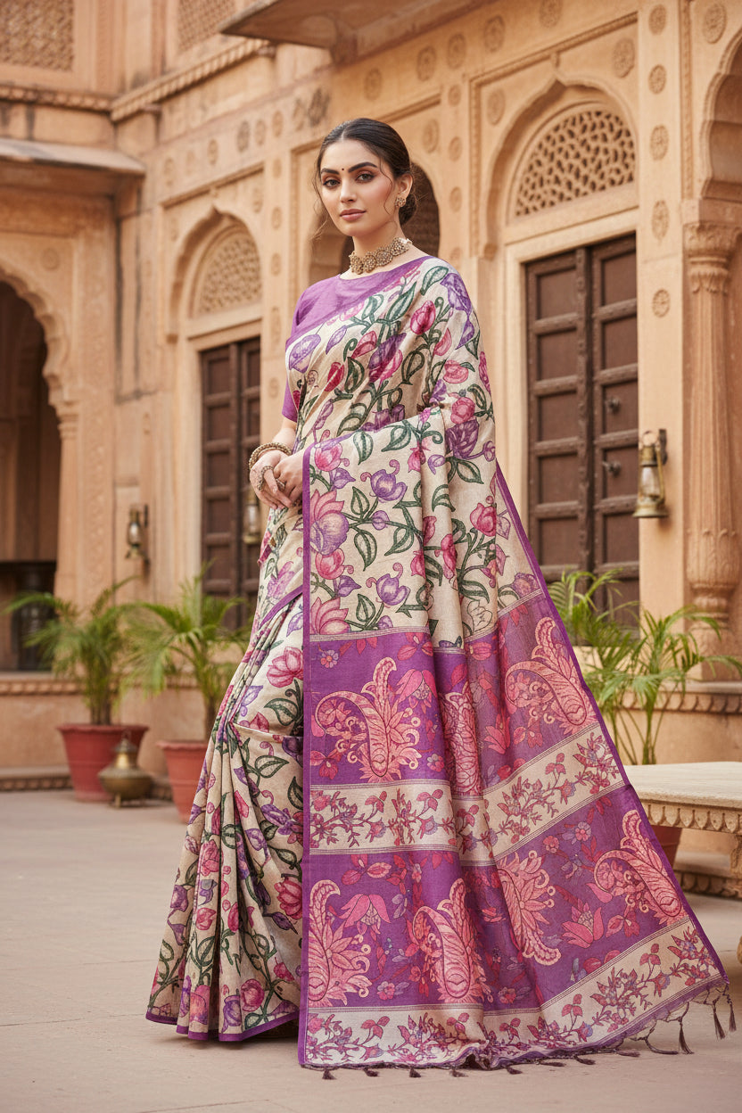 Women's Faux_Tussar Kalamkari_Print Saree With Unstitched Blouse 5.5Mtr (Purple)