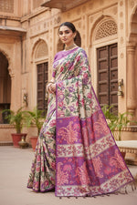 Load image into Gallery viewer, Women's Faux_Tussar Kalamkari_Print Saree With Unstitched Blouse 5.5Mtr (Purple)
