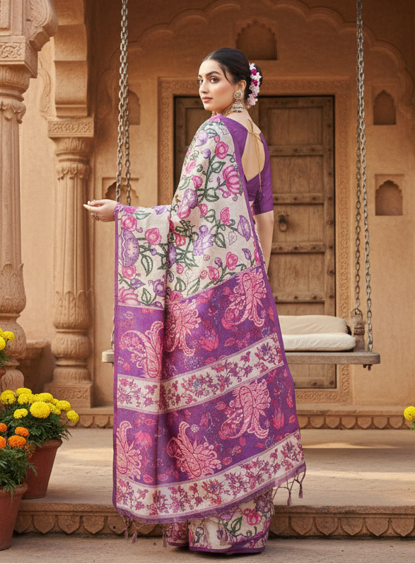 Women's Faux_Tussar Kalamkari_Print Saree With Unstitched Blouse 5.5Mtr (Purple)