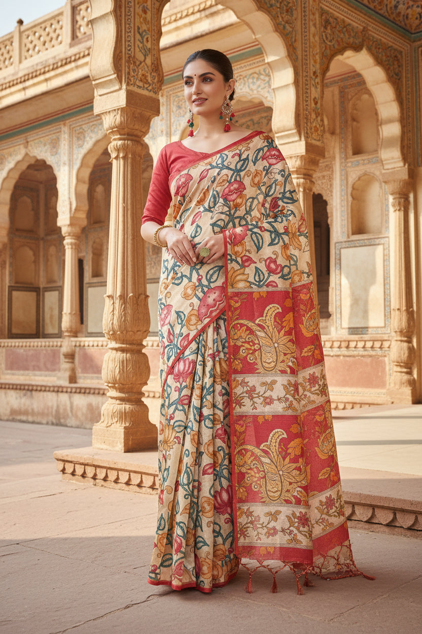Women's Faux_Tussar Kalamkari_Print Saree With Unstitched Blouse 5.5Mtr (Red)