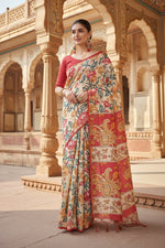 Load image into Gallery viewer, Women's Faux_Tussar Kalamkari_Print Saree With Unstitched Blouse 5.5Mtr (Red)
