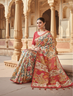 Load image into Gallery viewer, Women's Faux_Tussar Kalamkari_Print Saree With Unstitched Blouse 5.5Mtr (Red)
