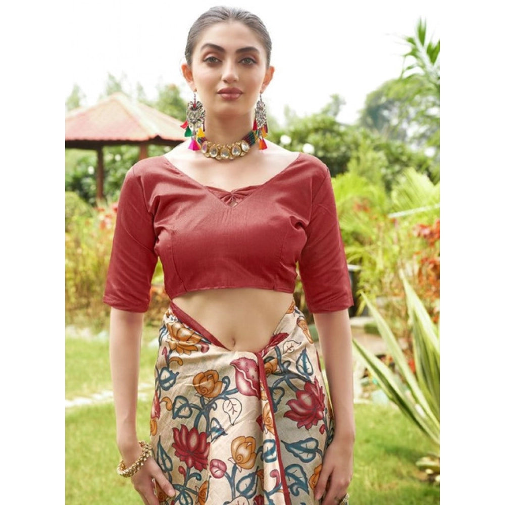 Women's Faux_Tussar Kalamkari_Print Saree With Unstitched Blouse 5.5Mtr (Red)
