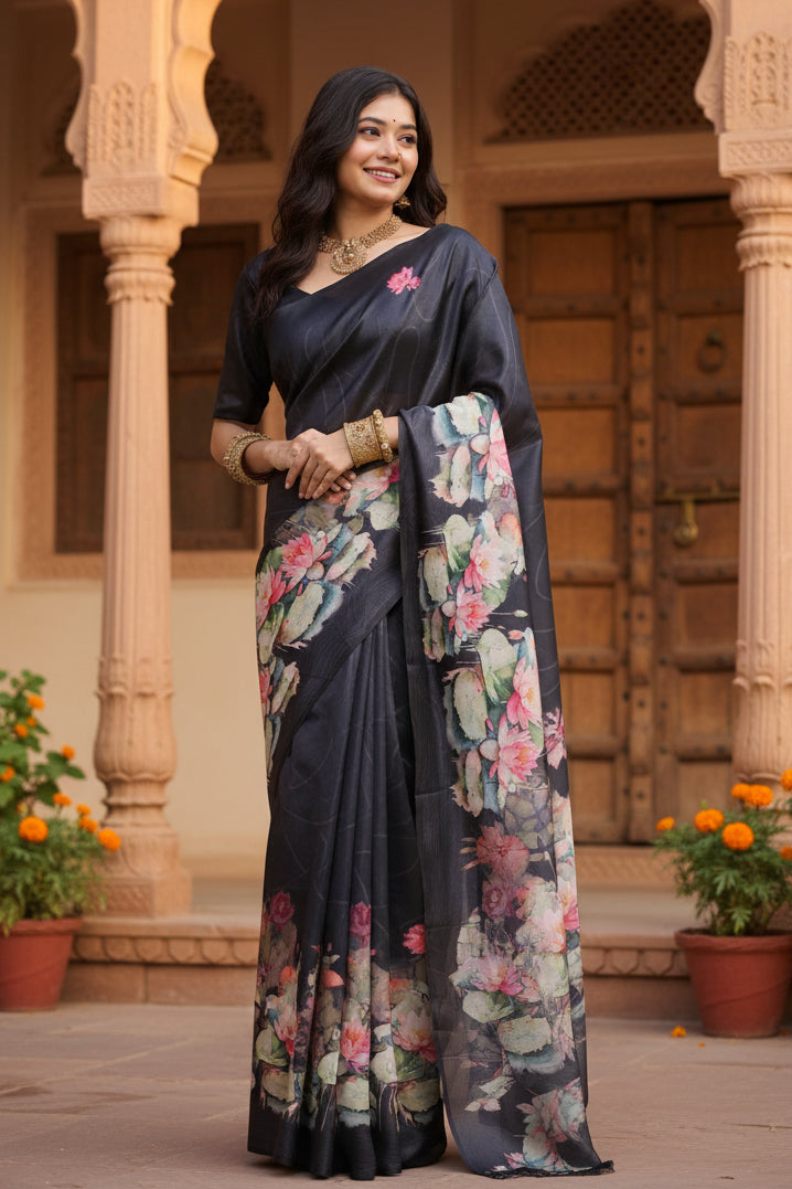 Women's Faux_Tussar Floral Saree With Unstitched Blouse 5.5Mtr (Black)