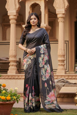 Load image into Gallery viewer, Women's Faux_Tussar Floral Saree With Unstitched Blouse 5.5Mtr (Black)
