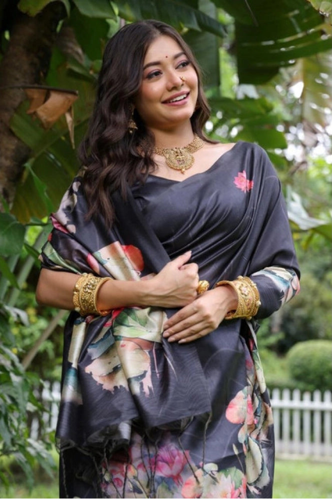 Women's Faux_Tussar Floral Saree With Unstitched Blouse 5.5Mtr (Black)
