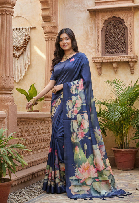 Women's Faux_Tussar Floral Saree With Unstitched Blouse 5.5Mtr (Navy_Blue)