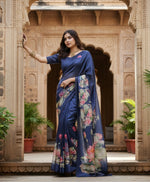 Load image into Gallery viewer, Women's Faux_Tussar Floral Saree With Unstitched Blouse 5.5Mtr (Navy_Blue)
