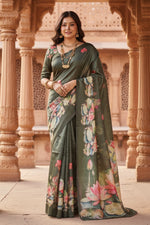 Load image into Gallery viewer, Women's Faux_Tussar Floral Saree With Unstitched Blouse 5.5Mtr (Olive)
