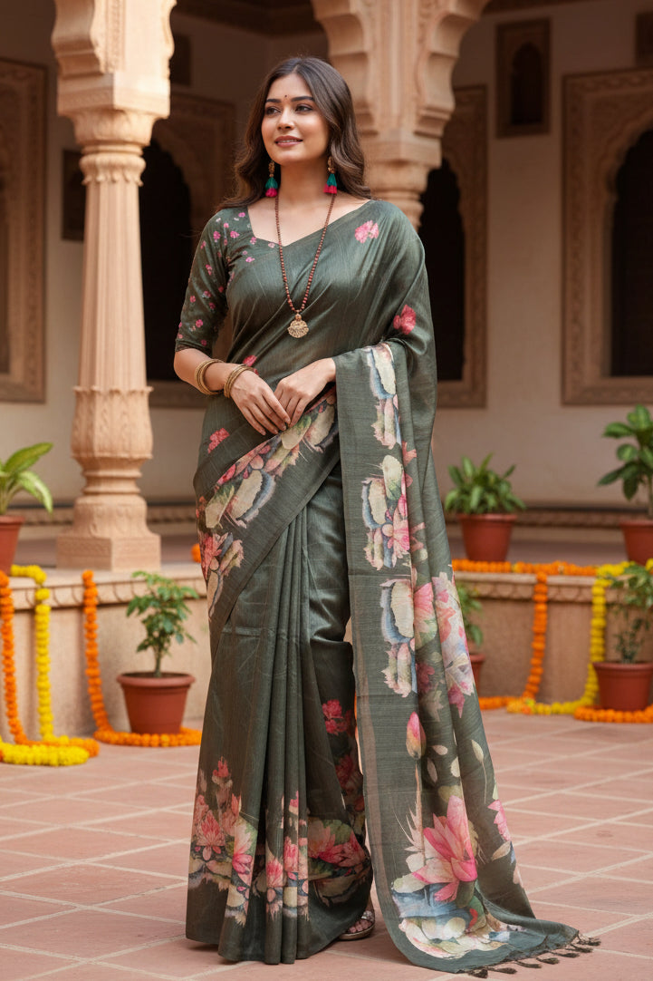 Women's Faux_Tussar Floral Saree With Unstitched Blouse 5.5Mtr (Olive)