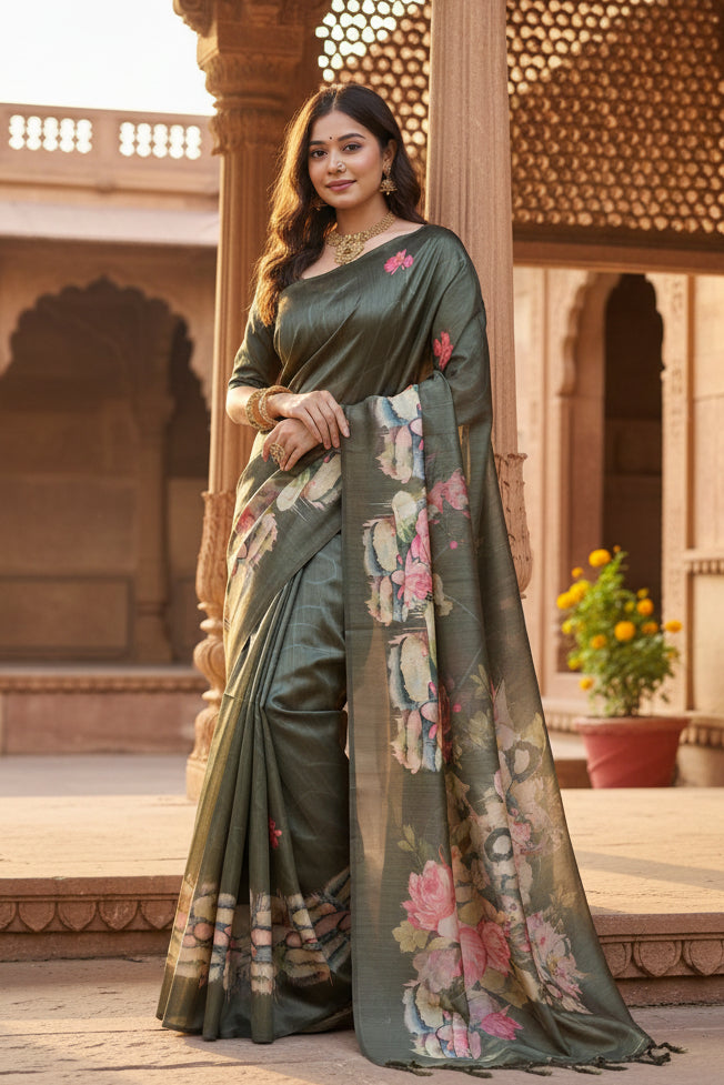 Women's Faux_Tussar Floral Saree With Unstitched Blouse 5.5Mtr (Olive)