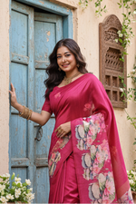 Load image into Gallery viewer, Women's Faux_Tussar Floral Saree With Unstitched Blouse 5.5Mtr (Pink)

