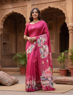 Load image into Gallery viewer, Women's Faux_Tussar Floral Saree With Unstitched Blouse 5.5Mtr (Pink)
