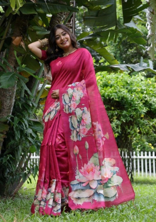 Women's Faux_Tussar Floral Saree With Unstitched Blouse 5.5Mtr (Pink)