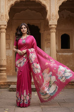 Load image into Gallery viewer, Women's Faux_Tussar Floral Saree With Unstitched Blouse 5.5Mtr (Pink)
