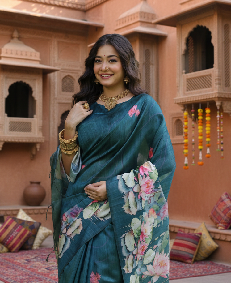 Women's Faux_Tussar Floral Saree With Unstitched Blouse 5.5Mtr (Teal)