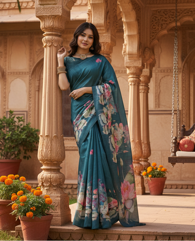 Women's Faux_Tussar Floral Saree With Unstitched Blouse 5.5Mtr (Teal)