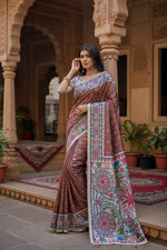 Load image into Gallery viewer, Women's Faux_Tussar Geometric_Print Saree With Unstitched Blouse 5.5Mtr (Coffee)
