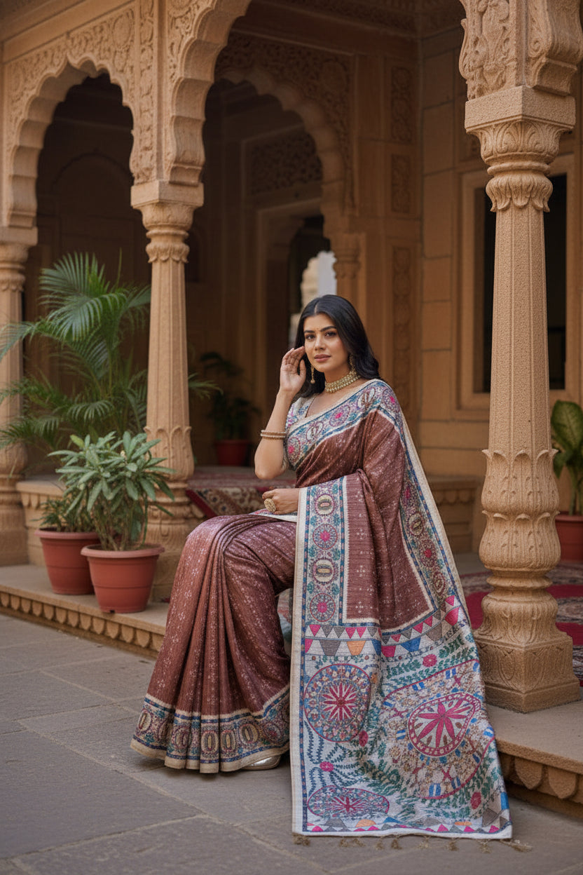 Women's Faux_Tussar Geometric_Print Saree With Unstitched Blouse 5.5Mtr (Coffee)