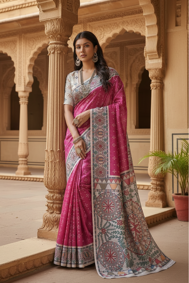 Women's Faux_Tussar Geometric_Print Saree With Unstitched Blouse 5.5Mtr (Pink)