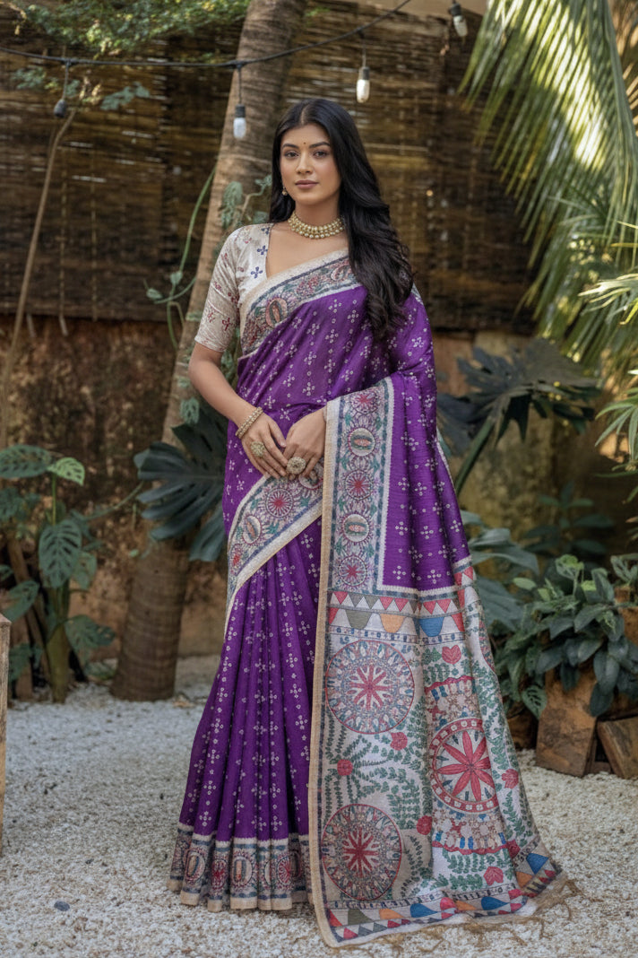 Women's Faux_Tussar Geometric_Print Saree With Unstitched Blouse 5.5Mtr (Purple)