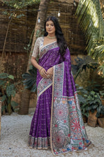 Load image into Gallery viewer, Women's Faux_Tussar Geometric_Print Saree With Unstitched Blouse 5.5Mtr (Purple)
