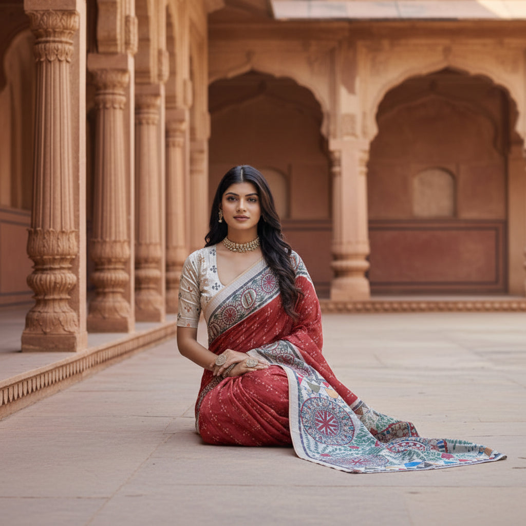Women's Faux_Tussar Geometric_Print Saree With Unstitched Blouse 5.5Mtr (Red)