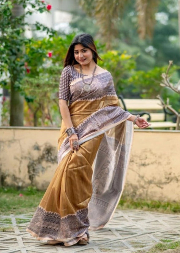 Women's Faux_Tussar Geometric_Print Saree With Unstitched Blouse 5.5Mtr (Mustard)
