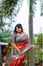 Load image into Gallery viewer, Women's Faux_Tussar Geometric_Print Saree With Unstitched Blouse 5.5Mtr (Orange)
