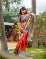 Load image into Gallery viewer, Women's Faux_Tussar Geometric_Print Saree With Unstitched Blouse 5.5Mtr (Orange)
