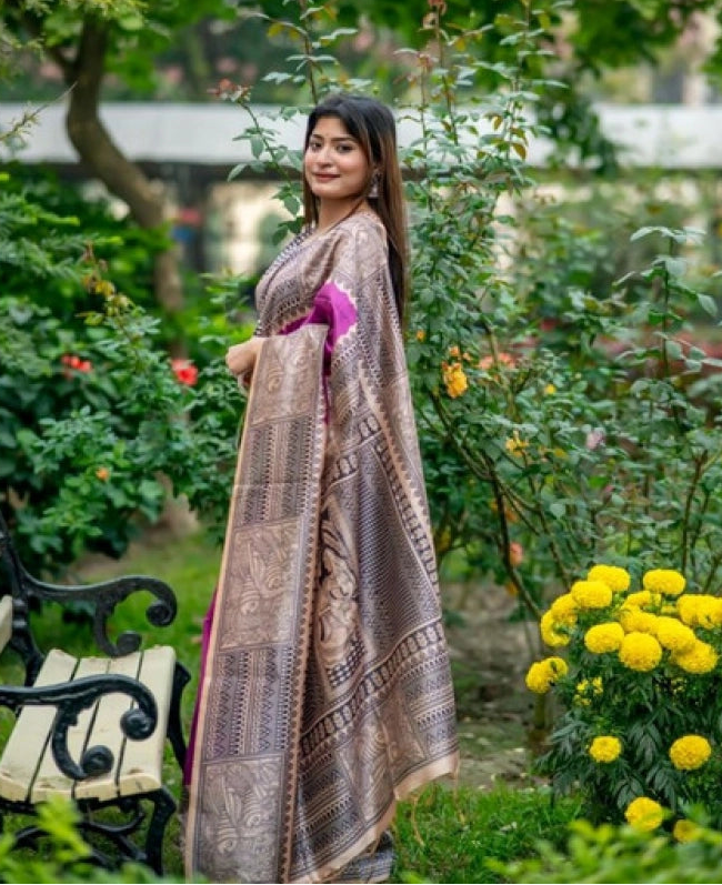 Women's faux_tussar geometric_print saree with unstitched blouse 5