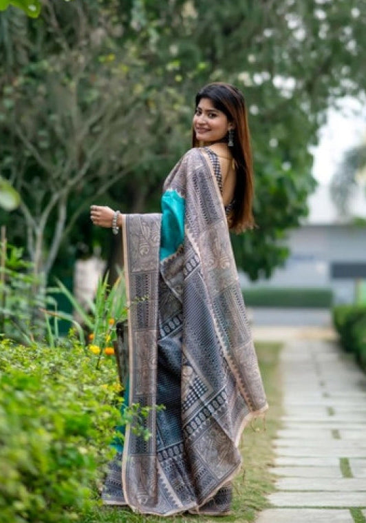 Women's Faux_Tussar Geometric_Print Saree With Unstitched Blouse 5.5Mtr (Rama_Green)