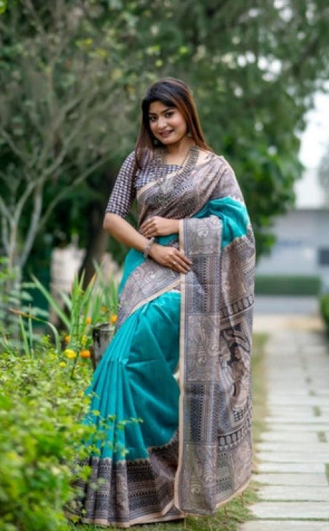 Women's Faux_Tussar Geometric_Print Saree With Unstitched Blouse 5.5Mtr (Rama_Green)