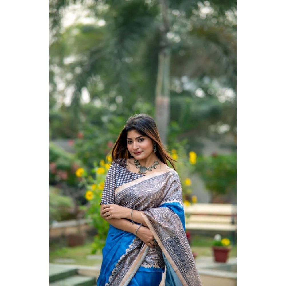 Women's Faux_Tussar Geometric_Print Saree With Unstitched Blouse 5.5Mtr (Royal_Blue)