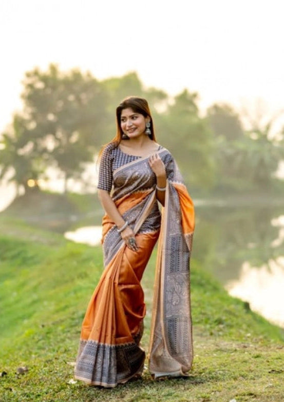 Women's Faux_Tussar Geometric_Print Saree With Unstitched Blouse 5.5Mtr (Rust)